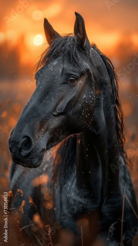 A majestic black horse with a glistening coat stands against a striking orange sunset backdrop, generative ai © TheGoldTiger