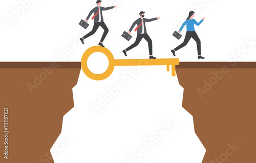 Key success, solution to solve problem and overcome obstacle, link or connect bridge to help achieve success, resolution method or resolve concept, business people walk on key success across the gap.
