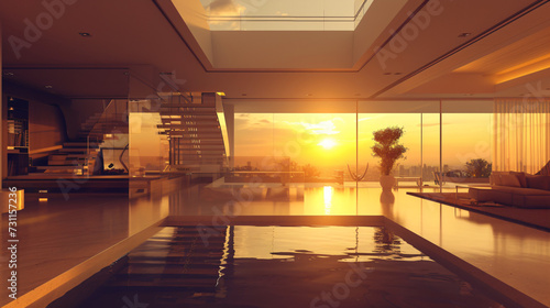 Sunset in the city. Modern home. © Liza