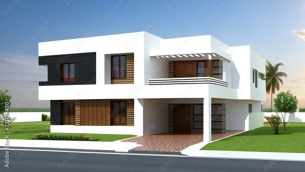 3d house model rendering on white background, Clean and precise 3D illustration modern cozy house. Concept for real estate or property.