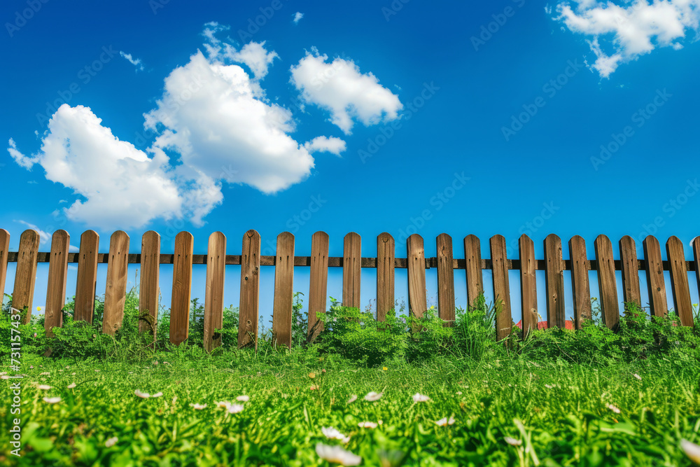 Garden fence with green grass and blue sky at summer day, Wooden fence to protect the backyard