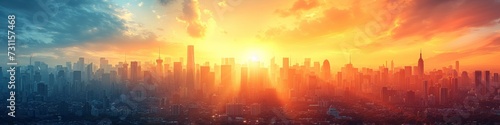 A majestic cityscape bathed in the warm afterglow of the sunrise, with towering skyscrapers reaching towards the sun as the clouds part to reveal a stunning landscape