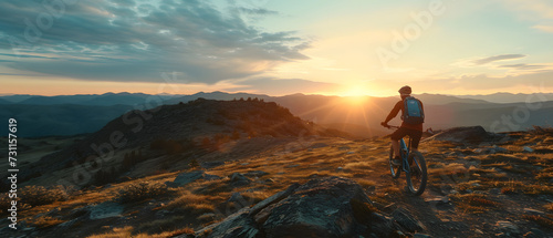 mountain biker navigating a rugged trail at sunrise, wide angle to convey adventure and challenge amidst natural beauty