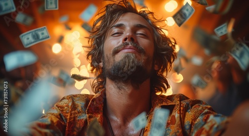 A bearded man, eyes shut tight, basks in a shower of money as music plays in the background, highlighting the duality of material wealth and inner peace © familymedia