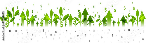 Financial decorative horizontal border. Vector green divider from dollars, data signs and growthing leaves.