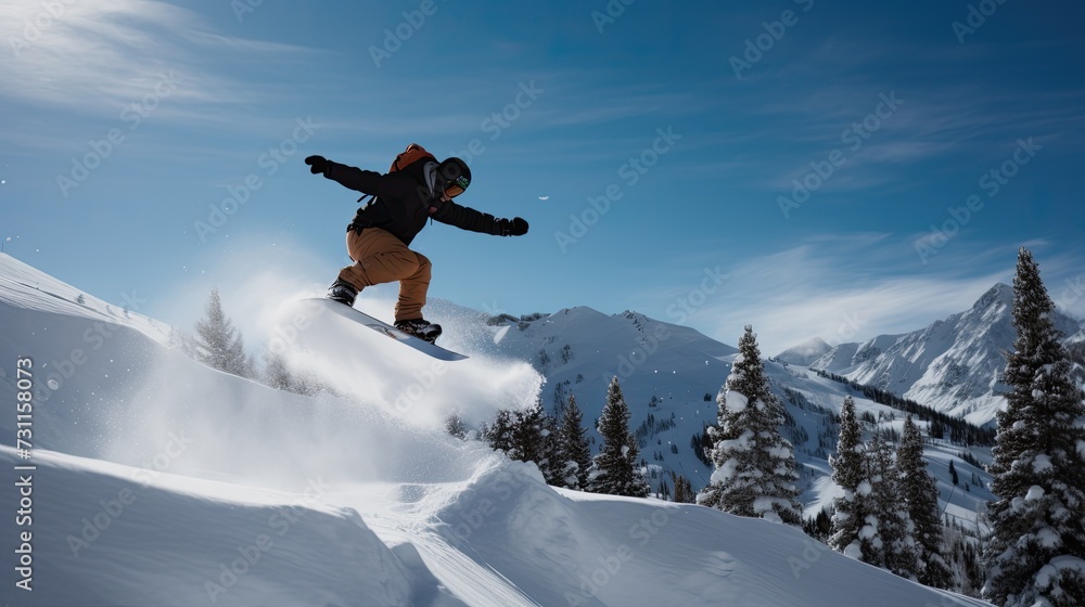 Snowboarder performing a jump against mountain backdrop Snowboarder performing a jump against mountain backdrop