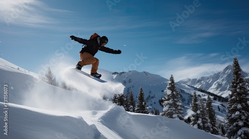 Snowboarder performing a jump against mountain backdrop