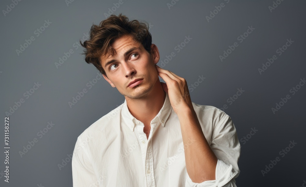 A man wearing a white shirt is holding his hand to his ear, attentively listening.