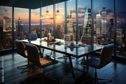 A high-powered business meeting in a boardroom with city views