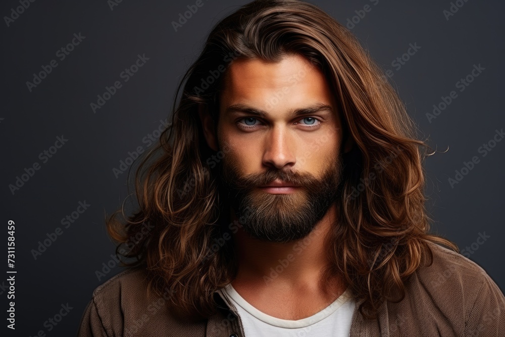 Fototapeta premium A photograph of a man with long hair and a full beard.