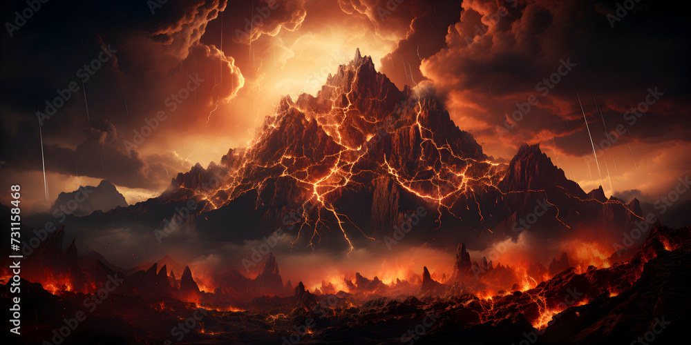 Fire in volcano with magma under dark sky Fire in volcano with magma under dark sky