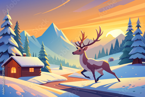 A joyful reindeer prancing through the snow. vektor illustation