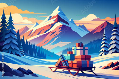 A vintage-style sled piled high with presents. vektor illustation
