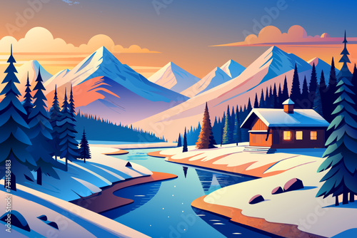 A peaceful winter landscape with a winding river. vektor illustation