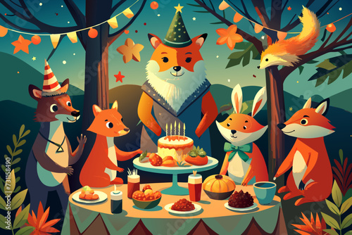 A group of woodland animals gathered around a festive feast. vektor illustation