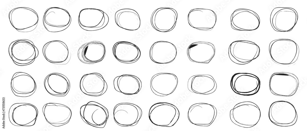 Hand drawn circle line sketch set. Vector circular scribble doodle round circles for message note mark design element. Pencil or pen graffiti bubble or ball draft illustration  3 9 90