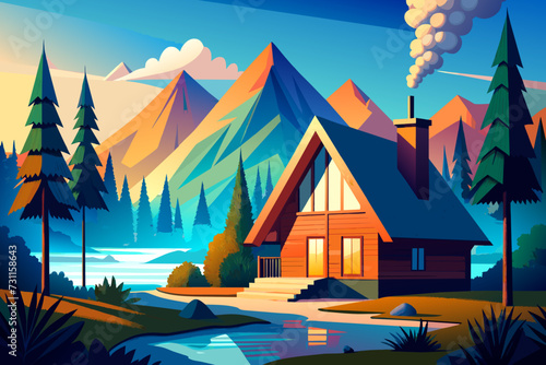 A cozy cabin with smoke billowing from the chimney. vektor illustation