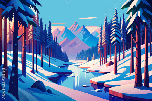 A snowy forest with a winding stream running through it. vektor illustation