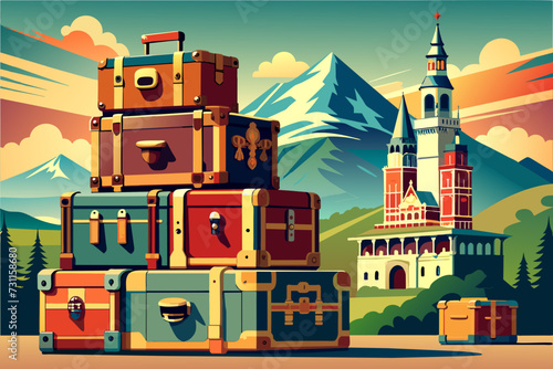 A stack of vintage-style luggage with holiday stickers. vektor illustation
