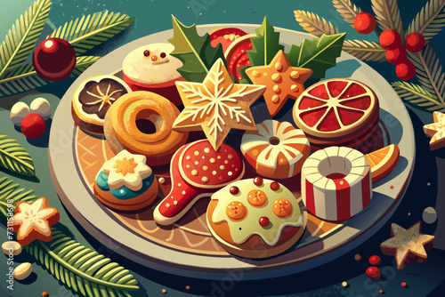 A collection of holiday cookies arranged on a festive plate. vektor illustation