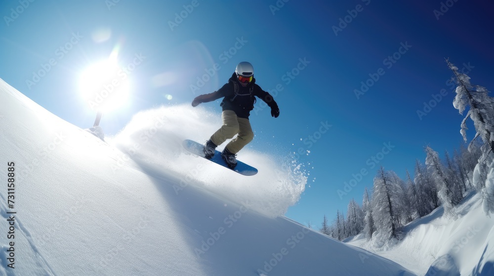 Snowboarder catching air on a bright, sunny mountain