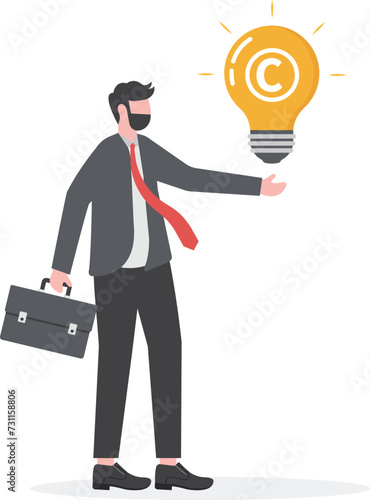 Copyright reserved, trademark intellectual property protection, original idea or innovation, legal or law protection registered concept, businessman holding light bulb idea with copyright symbol.

