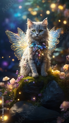 Grey fluffy Cat fairy Sitting on the Hand Imaginative artwork Generate AI