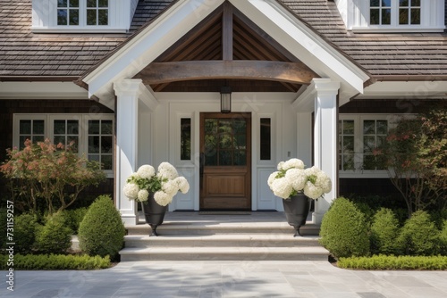 A house with two large planters of flowers in front, adding a colorful and vibrant touch to the surroundings. photo