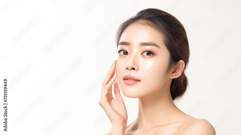 Beautiful young asian woman with perfect skin touching her face. Facial treatment. Cosmetology, beauty and spa concept.
Beautiful young asian woman with perfect skin touching her face. Facial treatment. Cosmetology, beauty and spa concept.