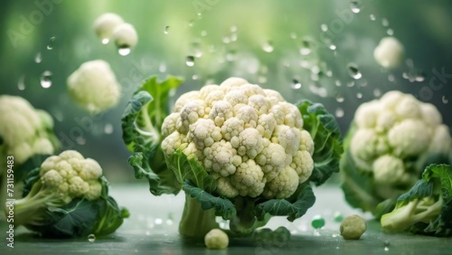 Fresh Cauliflower with drops of water on blurred background