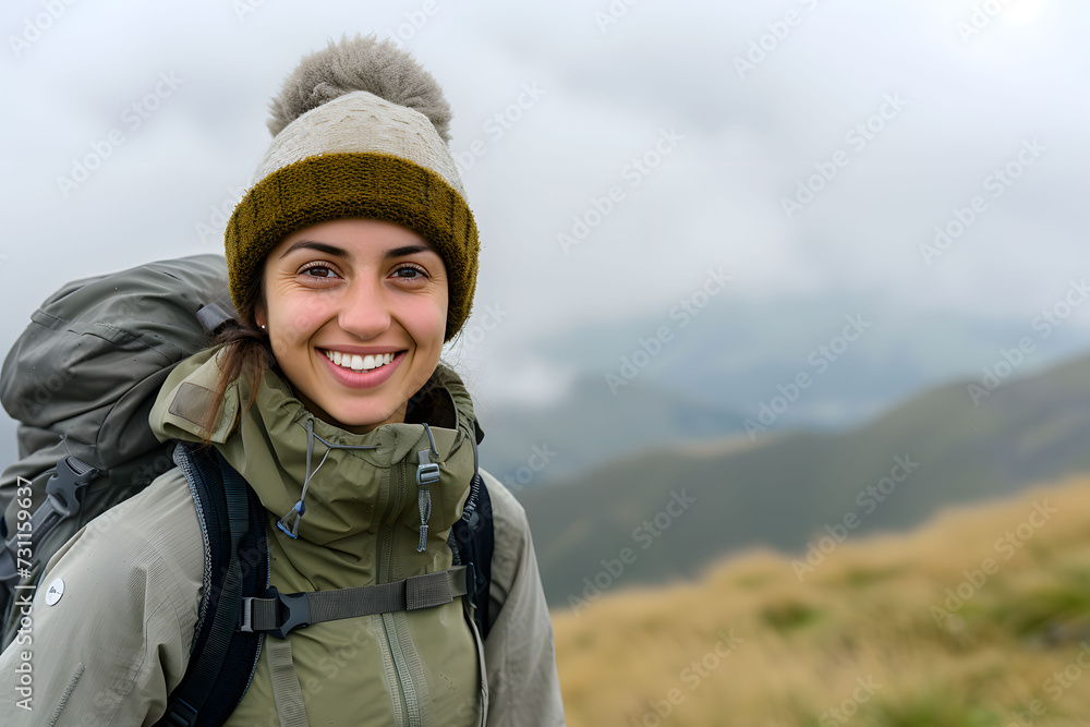 Smiling tourist woman wearing a backpack standing on a hill