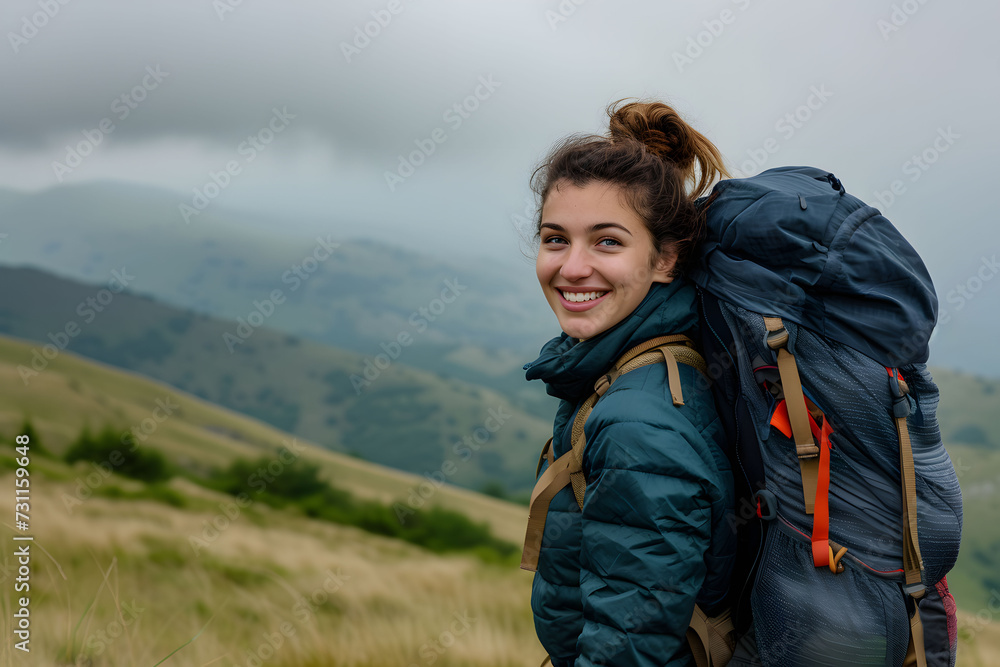Smiling tourist woman wearing a backpack standing on a hill