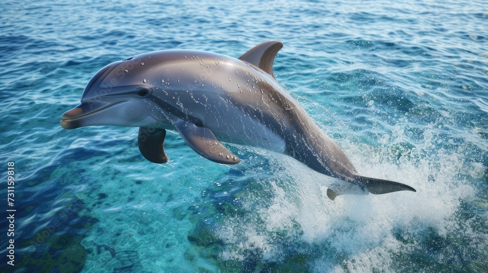 Fototapeta premium A vibrant image of a sleek dolphin, frozen in a sharp-focus leap, glistening under sunlight in crystal clear waters