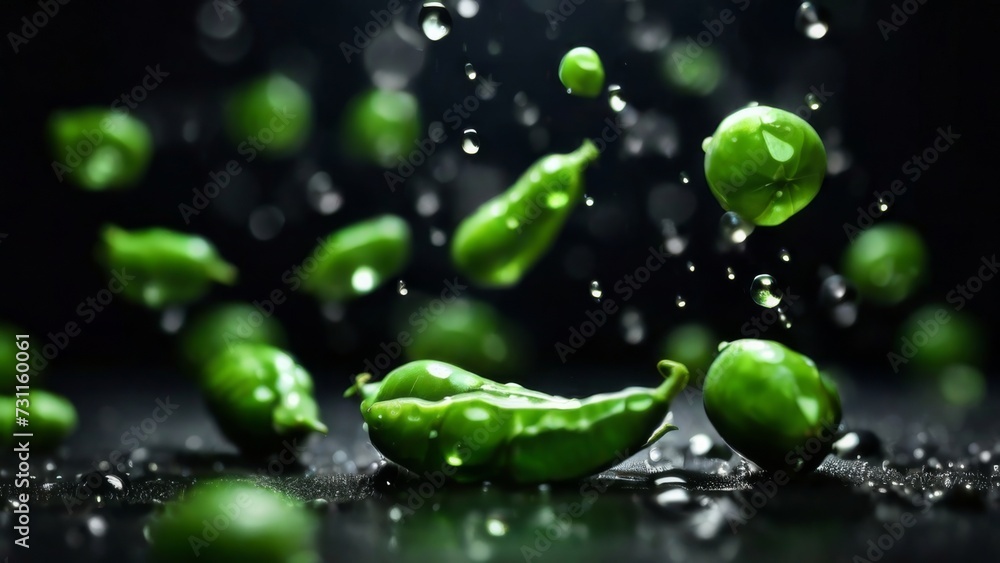 Fresh Peas with drops of water black blurred background. Fresh Peas with drops of water black blurred background.