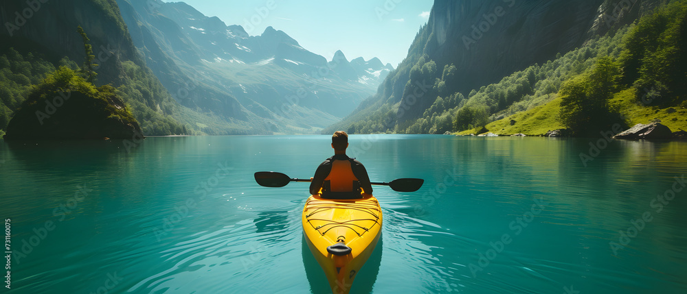 serene kayaking on a crystal-clear mountain lake, solo traveler