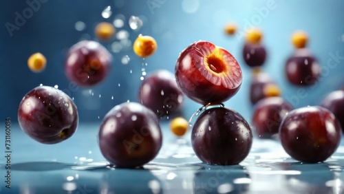 Fresh Plum with drops of water blue blurred background..