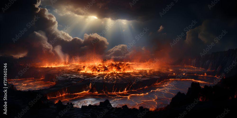 Naklejka premium Fire in volcano with magma under dark sky