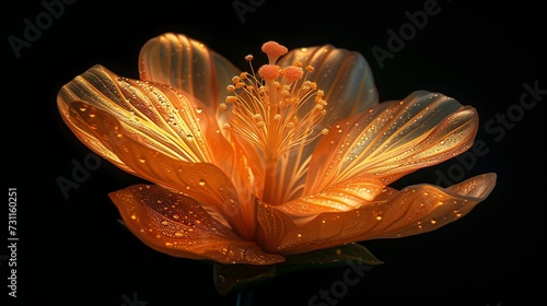 Dance through the mystique of a torchlit marigold hibiscus in the dark, each petal a delicate movement in extreme macro shots. photo