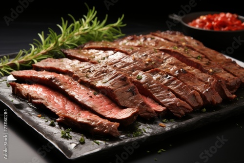 sliced ready, juicy beef steak on a black plate, dark background