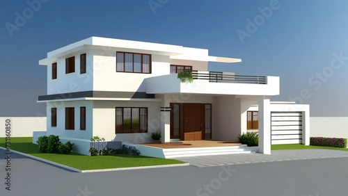 3d house model rendering on white background, Clean and precise 3D illustration modern cozy house. Concept for real estate or property.