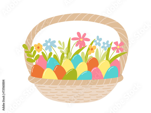 Flat Easter basket with eggs and flowers vector illustration. Cute wicker basket with pastel eggs and spring flowers