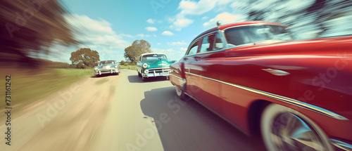 vintage car rally, classic automobiles in a scenic countryside, motion blur to convey speed, nostalgia and adventure © Marc
