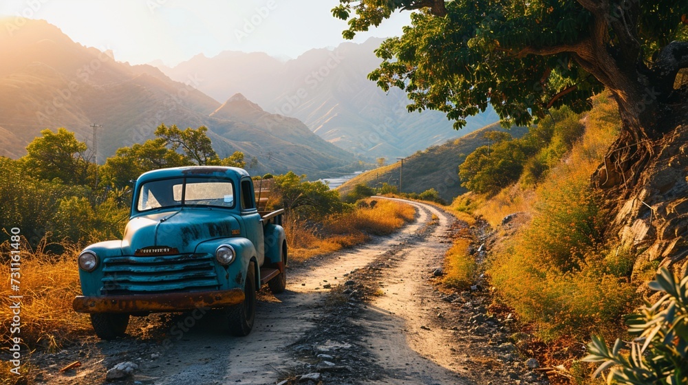 A blue heavy car parked at the entrance of a scenic trail, beckoning adventure seekers to explore.