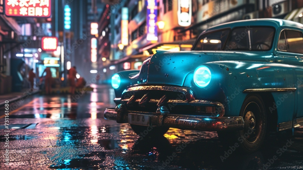 A blue heavy car parked in a bustling urban environment, its robust presence amid city life.
