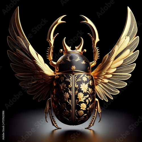 The scarab beetle is made of real gold. Beautiful black decorative textiles highlight floral patterns. 