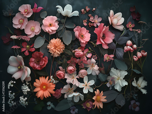 a photo of various flowers on a dark background in