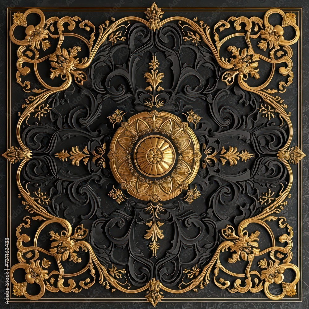 Black and gold Victorian-themed 3D wallpaper for the ceiling, complemented by a decorative frame background. Black and gold Victorian-themed 3D wallpaper for the ceiling, complemented by a decorative frame background.