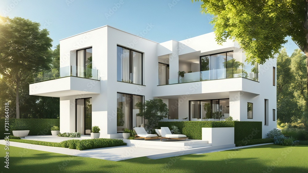 Fototapeta premium 3d house model rendering on white background, Clean and precise 3D illustration modern cozy house. Concept for real estate or property.