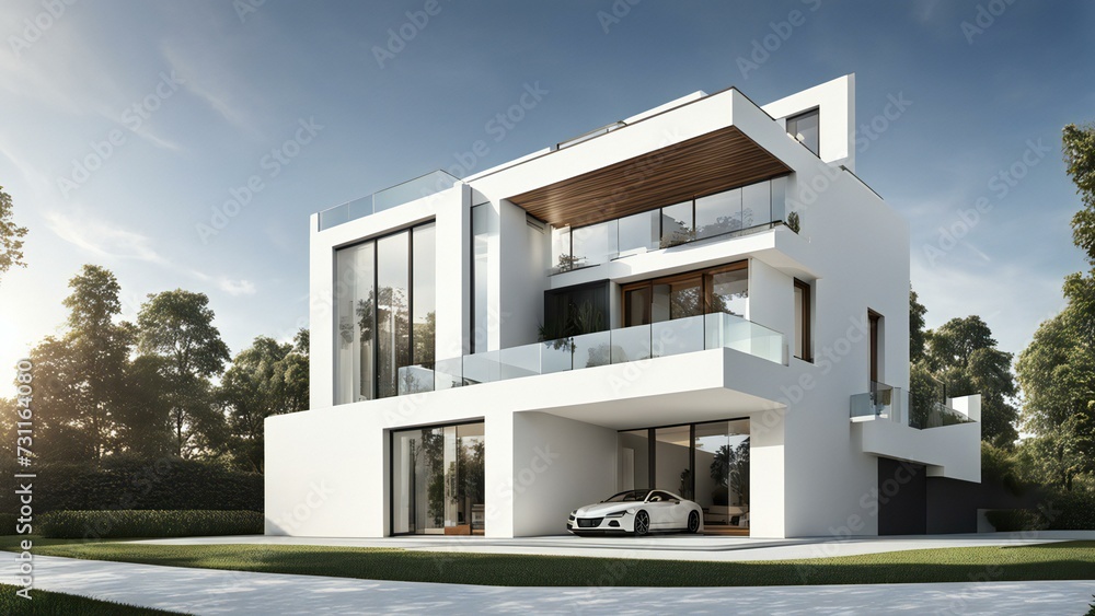 Fototapeta premium Modern white house, luxury home exterior, contemporary architecture, sleek residential building
