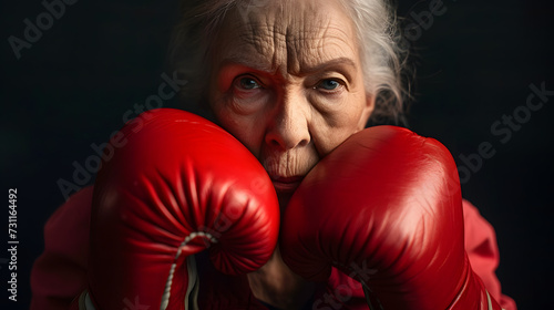 Empowered elderly woman in red boxing gloves, poised and ready in the ring, symbolizing strength and determination